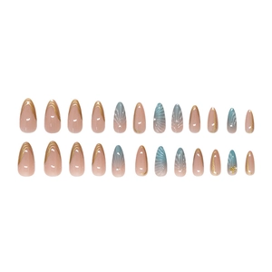 Almond-shaped gradient blue press-on nails with 3D shells, starfish, and pearls