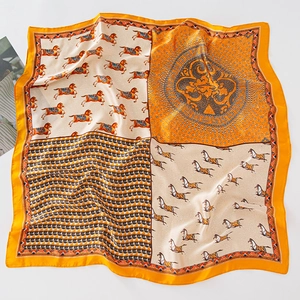 French vintage style silk square scarf featuring horse prints and geometric patterns