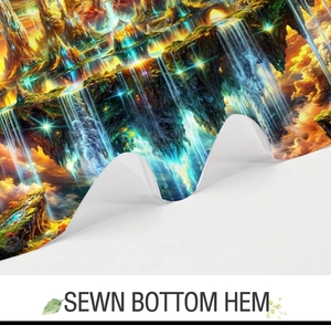 Detailed view of the sewn bottom hem on a 3D fantasy landscape shower curtain