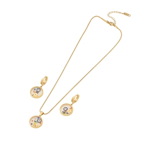 Golden stainless steel jewelry set with evil eye and floral glass pendants