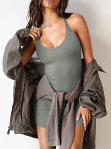 Robe courte moulante sexy Y2K en maille côtelée pour femme avec décolleté licou vert olive