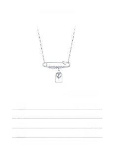 Detail view of S925 sterling silver safety pin necklace with 3D heart pendant and specs