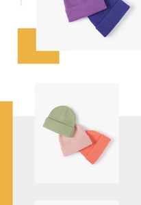 Detailed grid of colorful rib-knit beanies in purple, blue, green, and coral orange hues