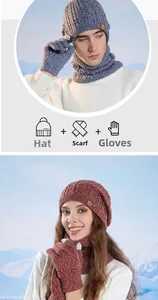Detailed view of knitted winter set including hat, neck warmer and gloves in mixed colors