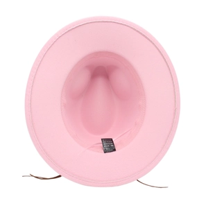 Detail view of pink felt hat interior with 65% cotton blend label and brown drawstring