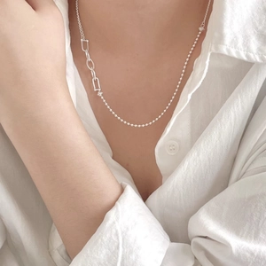 Asymmetric 925 sterling silver beaded and rectangular link chain necklace for women