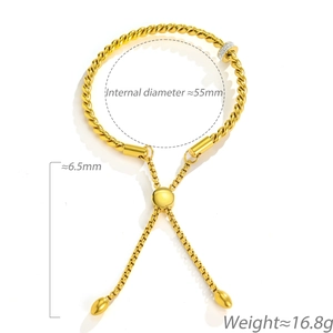 Adjustable twisted gold chain bracelet with zircon ring and size measurement details
