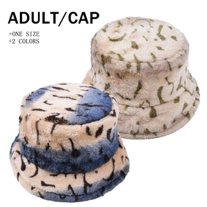 Winter Warm Bucket Hat Plush Faux Fur Thicken Outdoor Casual Tie Dye Printed Fisherman Cap For Women Retro Style