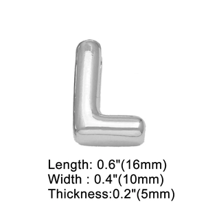 Polished silver metal letter L charm detail with 16mm height and 10mm width dimensions