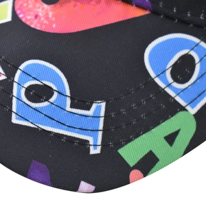 Macro detail of cotton baseball cap brim with colorful letters and stitching