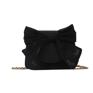 Black crossbody bag for women with large chiffon bow and gold chain strap elegant style