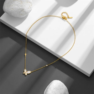 18K gold-plated stainless steel butterfly necklace with white shell and zircon pendant