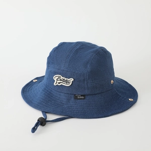 Deep blue denim kids bucket hat with patch embroidery and adjustable windproof cord