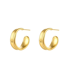 Minimalist 18K gold plated stainless steel curved hoop earrings for women on white background