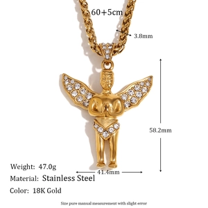 Men's 18K gold plated stainless steel angel pendant necklace with woven chain and crystals