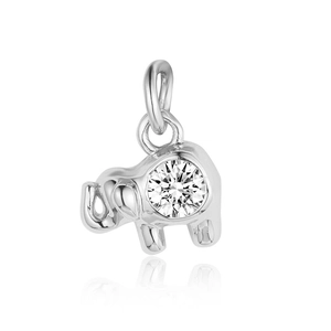 Macro view of a silver elephant pendant set with a sparkling zircon on a white background