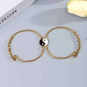 Matching magnetic gold-plated Tai Chi Yin Yang chain bracelets for couples