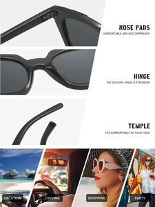 Detailansicht der quadratischen Sonnenbrille mit Scharnieren und Lifestyle-Szenarien