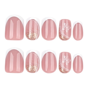 Short square French nails in pink with white butterfly art and golden glitter accents