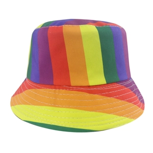 Close-up of rainbow striped cotton bucket hat showing vibrant colors and fabric texture