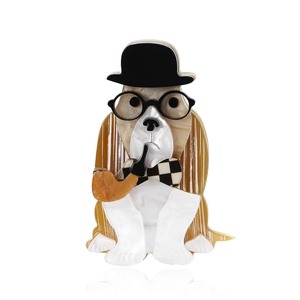 Acrylic smoking dog brooch with marble texture, top hat, glasses and bow tie for suits