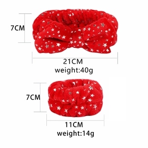 Red plush Christmas headband and wristband set with silver stars for face washing