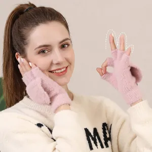 Pink faux mink fur convertible gloves for women with warm fingerless and flip cover design