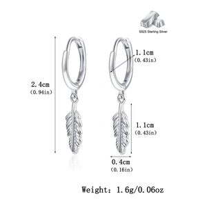Detailed view of silver feather hoop earrings with precise height and weight dimensions