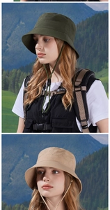 Detail of waterproof sun hat with laser-perforated vents and adjustable chin strap