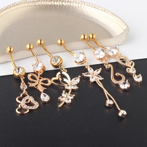 6-piece gold belly button ring set with heart and butterfly charms in cubic zirconia