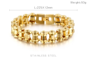 Detailed specs of gold stainless steel bike chain bracelet measuring 225x12mm and 93g