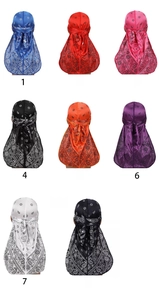 Grid view of various colors of paisley print satin durags showing back head coverage