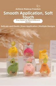 Macro shot of colorful fruit-shaped makeup sponges in individual plastic box packaging