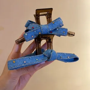 Bowknot Hair Claw Clip Denim Fabric Acrylic Colorful Rhinestone Retro Shark Clip For Women Elegant Styling Accessory