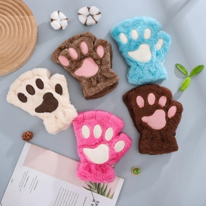 Plush cat paw fingerless gloves in multiple colors for winter warmth and cute style