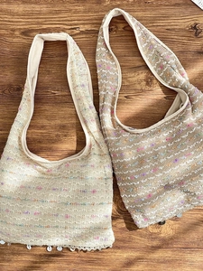 Bohemian knit hollow-out tote bags in cream and light brown with shell tassels