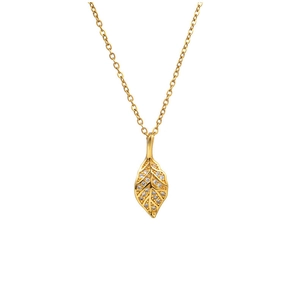 Detailed close-up of golden leaf pendant featuring sparkling pave-set cubic zirconia crystals