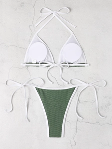 Detailed flat lay of olive green textured bikini set with adjustable white side ties
