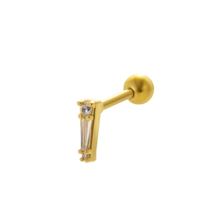 Detailed close-up of golden stainless steel stud earring with cubic zirconia and ball back
