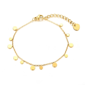 Gold stainless steel bracelet with circular charms and adjustable lobster clasp closure