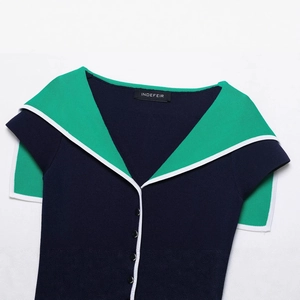 Retro navy knit cardigan with vibrant green sailor collar and white contrast stripes