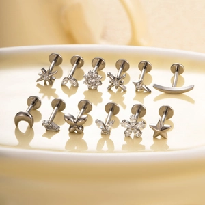 Titanium alloy moon and star labret studs set with cubic zirconia in silver finish