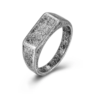 Minimalist rectangular signet ring in textured silver-gray titanium steel on white background