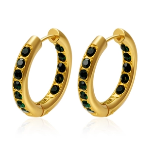 Luxury gold titanium steel hoop earrings featuring inlaid deep green gemstones for women