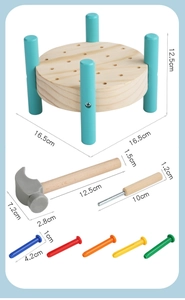 Detail view of wooden pounding bench toy with precise size dimensions for kids' coordination