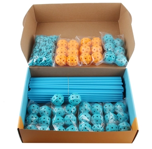 Detail view of 132-piece DIY fort building kit with poles and connectors in box