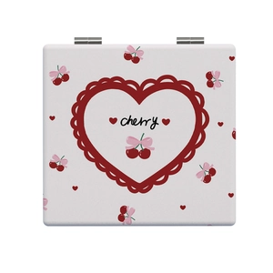 Portable folding square mirror with cute cherry and pink bow design on white background