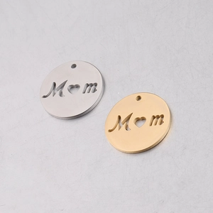 Detail of 20mm round cutout MOM letter charms in polished silver and gold finish