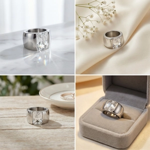 Silver wide band ring with a large rectangular clear gemstone shown in diverse lifestyle settings