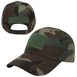 Tactical camouflage baseball cap featuring front loop panels for morale patches